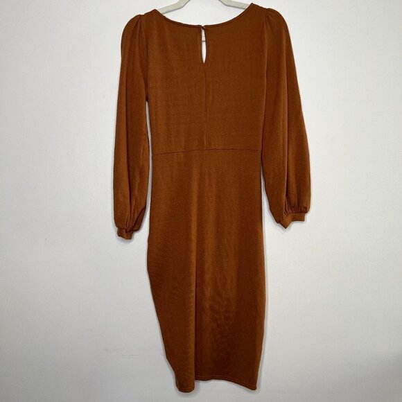 Kittenish Tie Scrunch Front Midi Sweater Dress V Neck Long Sleeve Keyhole Back - Picture 7 of 9